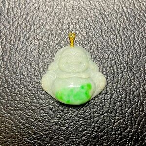 Natural Grade A Jadeite Pendant Happy Buddha With 18K Yellow Gold Bail
